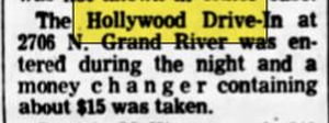 Hollywood Drive-In (Tonys Lounge) - Apr 1968 Break-In